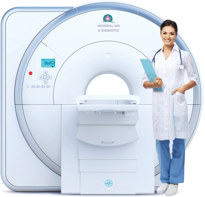An MRI scanner with a smiling clinician standing beside it
